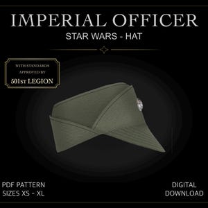 Könnte beinhalten: Ein olivgrüner Imperial Officer Hut aus Star Wars mit einem silbernen Abzeichen an der Seite. Das Bild enthält den Text: IMPERIAL OFFICER, STAR WARS - HAT, WITH STANDARDS APPROVED BY 501ST LEGION, PDF PATTERN SIZES XS - XL und DIGITAL DOWNLOAD.