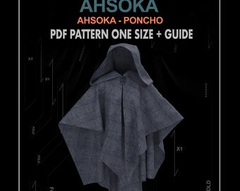 May include: A gray hooded poncho sewing pattern with instructions for making an Ahsoka Tano cosplay costume. The pattern is one size and includes instructions for folding the fabric.