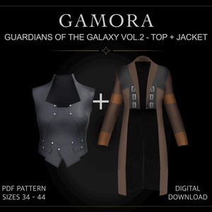 May include: A digital PDF pattern for a Gamora Guardians of the Galaxy Vol. 2 top and jacket set. The top is a dark gray sleeveless piece with silver studs, and the jacket is a long brown and black coat with silver buckle details. Sizes 34-44.