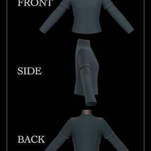 May include: A dark teal long-sleeve jacket shown from front, side, and back views. The jacket features a high collar with a copper-colored inner lining, long sleeves with textured forearm panels, and a fitted silhouette with visible seam detailing.