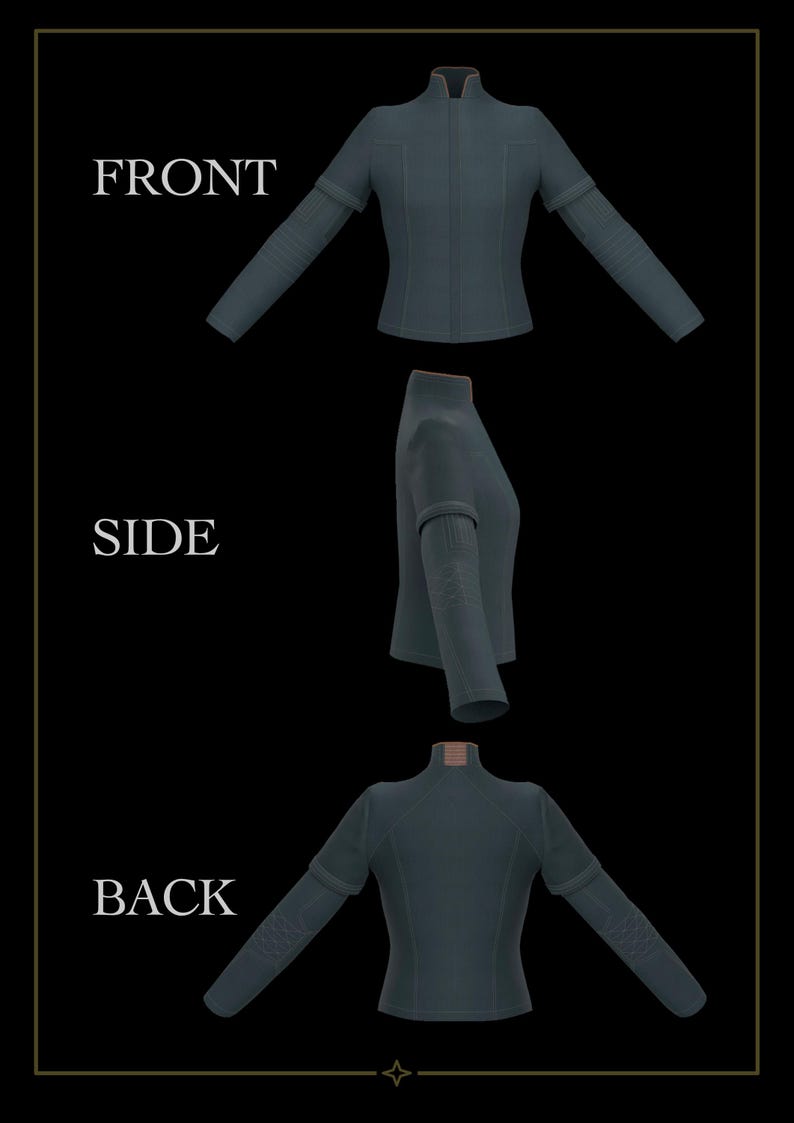 May include: A dark teal long-sleeve jacket shown from front, side, and back views. The jacket features a high collar with a copper-colored inner lining, long sleeves with textured forearm panels, and a fitted silhouette with visible seam detailing.