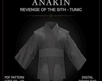 Może przedstawiać: Ciemnoszara tunika z zakładanym przodem, szerokimi rękawami i szerokim pasem w talii. Tekst głosi ANAKIN REVENGE OF THE SITH - TUNIC, PDF PATTERN SIZES 50 - 68 oraz DIGITAL DOWNLOAD. Odzież posiada wyraźną fakturę materiału na całej powierzchni.