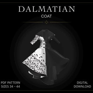 Può includere: Un modello PDF digitale per un cappotto intitolato DALMATIAN COAT. Il capo presenta un design diviso con un lato in nero tinta unita e l'altro in tessuto bianco con macchie nere. Include un ampio colletto, tre fibbie frontali e una gonna svasata.
