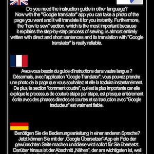 May include: A screenshot of a website with text in English, French, and German explaining how to use the Google Translate app to translate instructions for sewing projects. The Google Translate logo is in the upper right corner of the image.