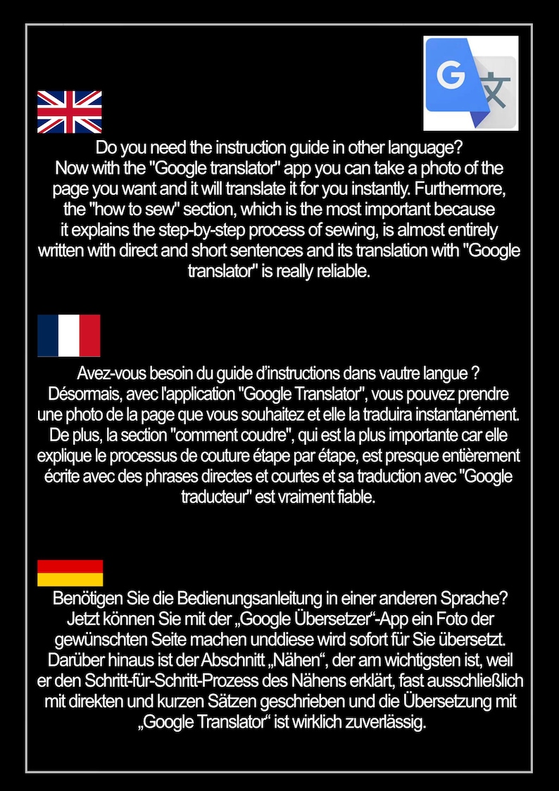 May include: A screenshot of a website with text in English, French, and German explaining how to use the Google Translate app to translate instructions for sewing projects. The Google Translate logo is in the upper right corner of the image.