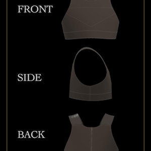 May include: A dark brown compression top shown from three angles labeled FRONT, SIDE, and BACK. The garment features wide shoulder straps, a high neckline, a structured chest panel, and a vertical zipper closure visible on the back view.