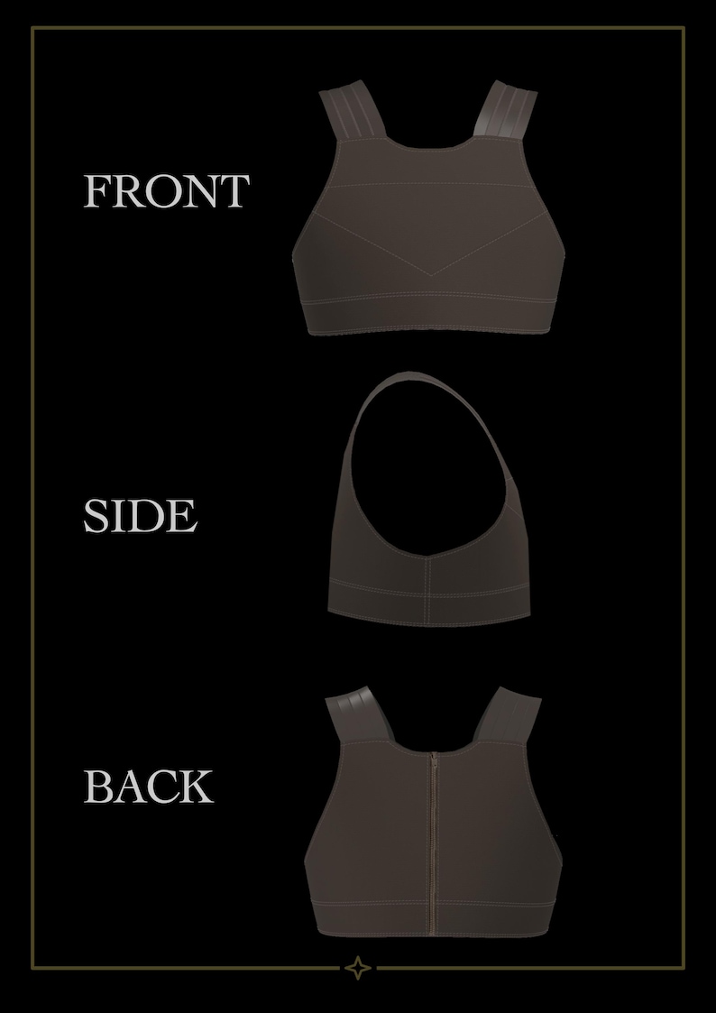 May include: A dark brown compression top shown from three angles labeled FRONT, SIDE, and BACK. The garment features wide shoulder straps, a high neckline, a structured chest panel, and a vertical zipper closure visible on the back view.