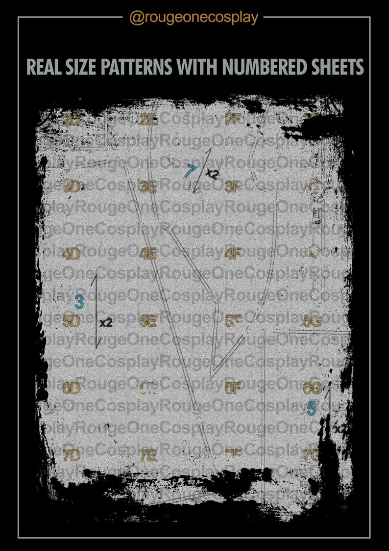 May include: A black and white image with a grid of numbers and lines. The text "REAL SIZE PATTERNS WITH NUMBERED SHEETS" is at the top of the image. The text "@rougeonecosplay" is at the top right of the image.