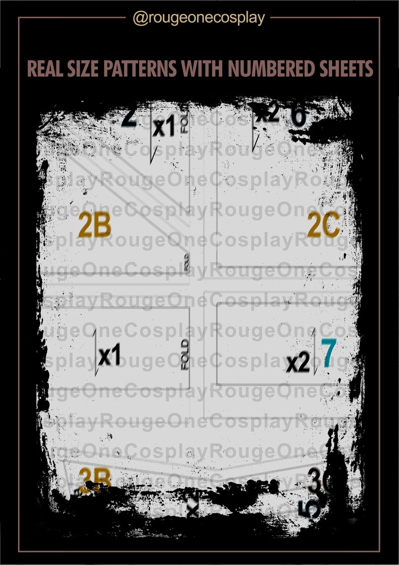 May include: Black and white image of a sewing pattern with numbered sheets. The pattern includes instructions for cutting and sewing fabric. The pattern is for a costume or garment. The text "REAL SIZE PATTERNS WITH NUMBERED SHEETS" is at the top of the image.
