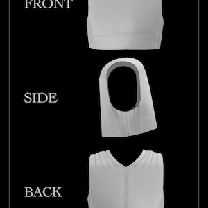 May include: A white compression vest shown from three angles labeled FRONT, SIDE, and BACK. The garment features a V-neckline, wide shoulder straps with ribbed detailing, and a vertical zipper closure on the back panel. The fabric has a textured finish.