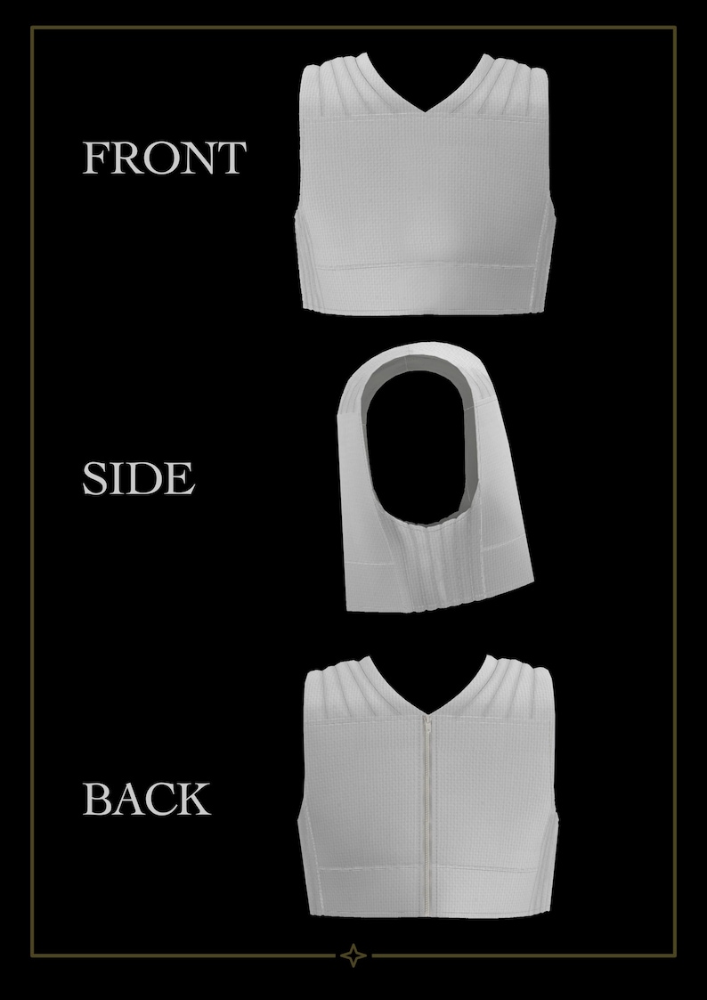 May include: A white compression vest shown from three angles labeled FRONT, SIDE, and BACK. The garment features a V-neckline, wide shoulder straps with ribbed detailing, and a vertical zipper closure on the back panel. The fabric has a textured finish.