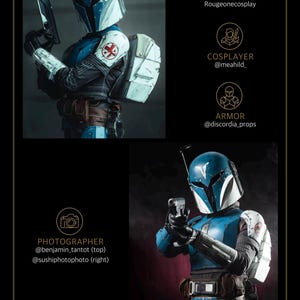 May include: A blue and white Mandalorian-style helmet and armor set featuring a T-shaped visor, a shoulder pauldron with a red circular emblem, a utility belt, and a handheld blaster. The costume includes a white backpack and dark undersuit.