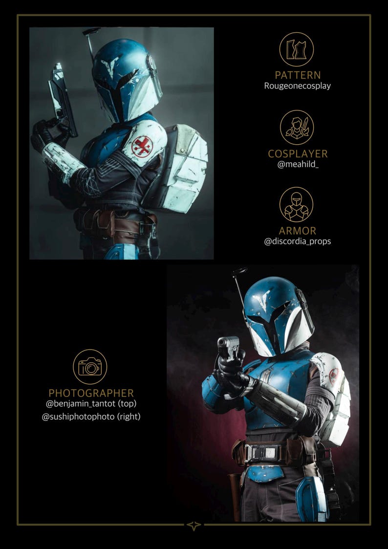 May include: A blue and white Mandalorian-style helmet and armor set featuring a T-shaped visor, a shoulder pauldron with a red circular emblem, a utility belt, and a handheld blaster. The costume includes a white backpack and dark undersuit.