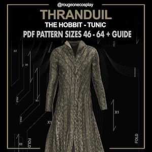 Può includere: Un modello PDF per una tunica verde, etichettato "Thranduil The Hobbit - Tunic", con il testo "PDF Pattern Sizes 46-64 + Guide".