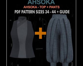 May include: A digital illustration of a pattern for a dark gray top and dark gray pants. The text "AHSOKA - TOP + PANTS" and "PDF PATTERN SIZES 34-44 + GUIDE" is included in the image.