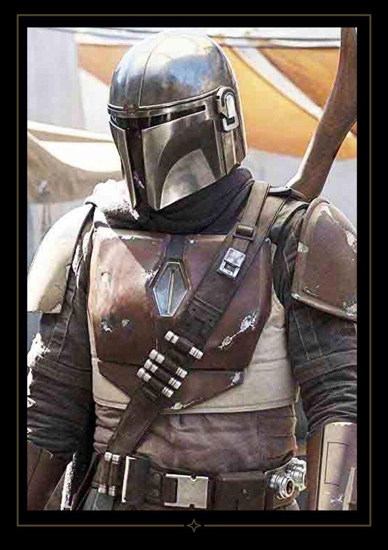 May include: A metallic silver helmet with a T-shaped visor worn over a dark brown chest plate featuring a central emblem, a diagonal bandolier with silver cartridges, shoulder pauldrons, and a dark fabric under-suit with a utility belt.