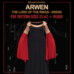 May include: A PDF sewing pattern for a black and red dress with long sleeves. The pattern is for sizes 52-62 and includes a guide. The pattern is titled "Arwen - The Lord of the Rings - Dress".