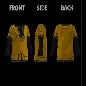 May include: A yellow tunic with black trim and geometric patterns. The tunic has a V-neck and long sleeves. The image shows the front, side, and back views of the tunic.