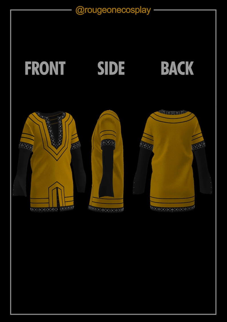 May include: A yellow tunic with black trim and geometric patterns. The tunic has a V-neck and long sleeves. The image shows the front, side, and back views of the tunic.