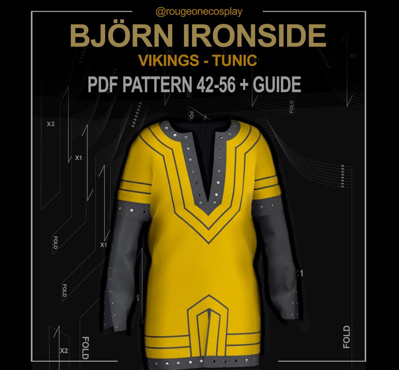May include: A yellow tunic sewing pattern for a Bjorn Ironside costume. The pattern includes a guide and is available in sizes 42-56. The pattern is printed on a black background with white lines.