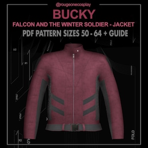 May include: A PDF pattern for a burgundy jacket with black accents. The pattern is for sizes 50-64 and includes a guide. The pattern is for a jacket inspired by the character Bucky Barnes from the Marvel Cinematic Universe.