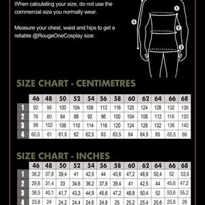 May include: Size chart for clothing in both inches and centimeters. The chart shows measurements for chest, waist, and hips in sizes 46 to 68.