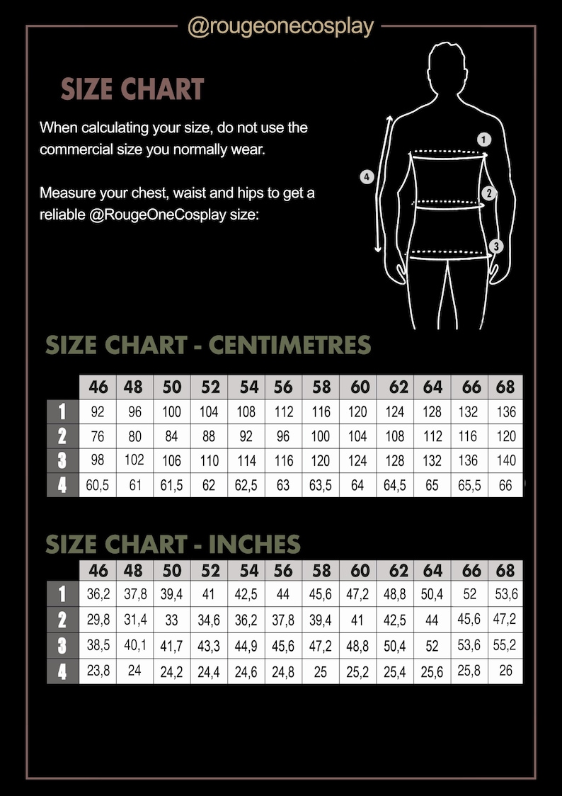 May include: Size chart for clothing in both inches and centimeters. The chart shows measurements for chest, waist, and hips in sizes 46 to 68.