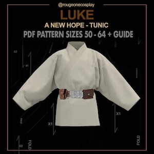 Puede incluir: Un patrón de costura para túnica blanca del disfraz de Luke Skywalker de Star Wars: Una nueva esperanza. El patrón incluye las tallas 50-64 y una guía. El patrón se muestra sobre un fondo negro.