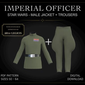 Puede incluir: Una chaqueta verde oliva con cuello alto, un cinturón negro con hebilla plateada y una insignia de rango, junto con pantalones de montar verde oliva. El texto dice: IMPERIAL OFFICER, STAR WARS - MALE JACKET + TROUSERS, WITH STANDARDS APPROVED BY 501ST LEGION, PDF PATTERN SIZES 50 - 64, DIGITAL DOWNLOAD.