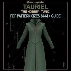 Puede incluir: Una ilustración digital de una túnica verde con ribete marrón, etiquetada como "Tauriel El Hobbit - Túnica Patrón PDF Tallas 34-44 + Guía".