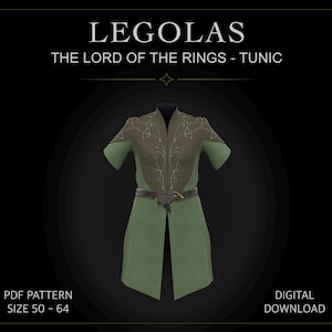 Puede incluir: Una túnica verde con un panel superior verde oliva oscuro con bordados plateados de enredaderas, un cinturón texturizado marrón oscuro y el texto LEGOLAS THE LORD OF THE RINGS - TUNIC PDF PATTERN SIZE 50 - 64 DIGITAL DOWNLOAD sobre fondo negro.