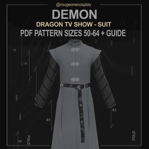 Könnte beinhalten: Ein graues Anzugmuster für ein Dämonen-Kostüm aus der TV-Show Dragon. Das Muster umfasst die Größen 50-64 und eine Anleitung. Das Muster wird auf einem schwarzen Hintergrund mit weißen Linien gezeigt.