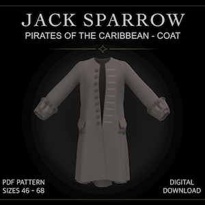 Könnte beinhalten: Ein grauer Mantel mit einer Knopfleiste auf der linken Seite und horizontalen Verzierungen auf der rechten Seite. Der Text lautet JACK SPARROW PIRATES OF THE CARIBBEAN - COAT, PDF PATTERN SIZES 46 - 68, DIGITAL DOWNLOAD. Der Mantel hat breite Ärmelaufschläge.