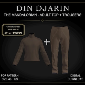 Könnte beinhalten: Ein braunes Set aus langärmeligem Oberteil mit Stehkragen und Hose, beschriftet als Din Djarin The Mandalorian adult top + trousers. Enthält den Text: With Standards Approved By 501st Legion, PDF Pattern, Size 46-68 und Digital Download.