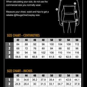 May include: Size chart for clothing in inches and centimeters. The chart shows measurements for chest, waist, and hips in sizes 42 to 56. The chart is labeled "Size Chart - Centimetres" and "Size Chart - Inches".
