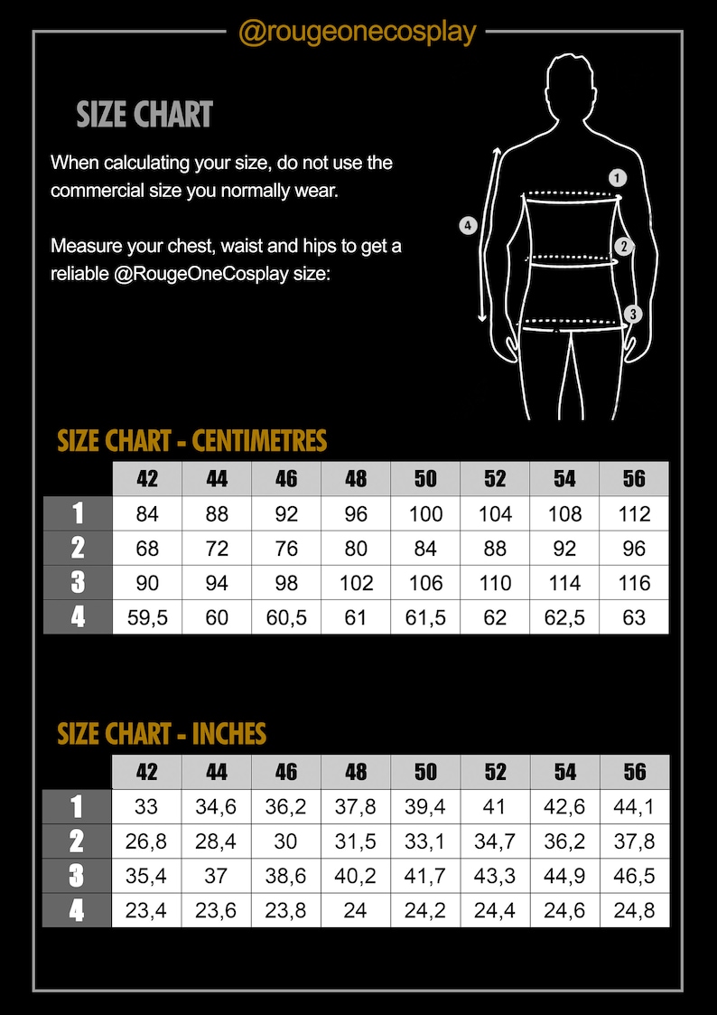 May include: Size chart for clothing in inches and centimeters. The chart shows measurements for chest, waist, and hips in sizes 42 to 56. The chart is labeled "Size Chart - Centimetres" and "Size Chart - Inches".