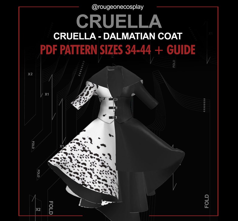 Cruella de vil kostüm deville PDF Pattern SIZES 34 44 guide for Cosplay / cruella abrigo patrón TALLAS 34-44 guide image 1