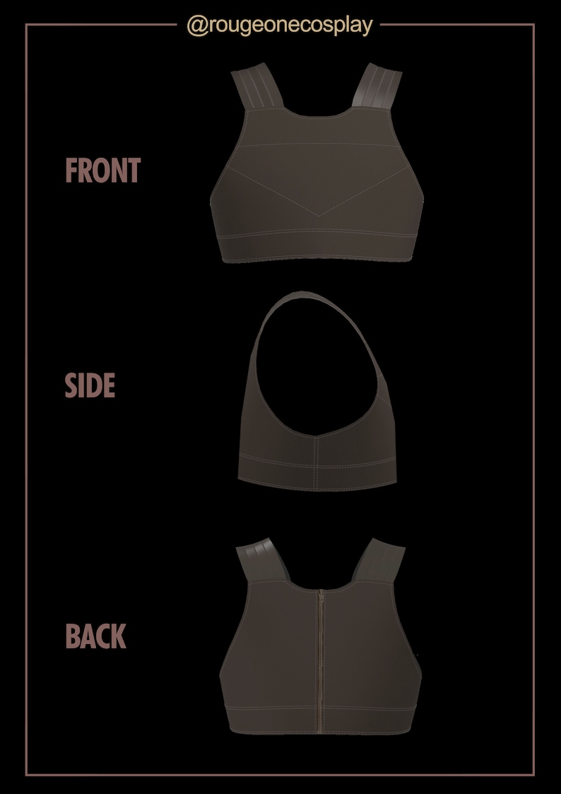 May include: A black sports bra with adjustable straps and a zipper in the back. The bra is shown from the front, side, and back.