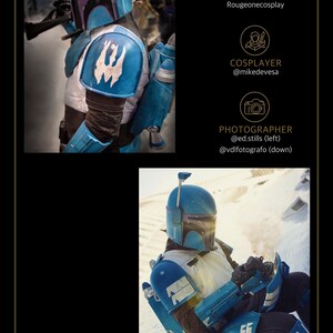 May include: A blue and white Mandalorian-style armored costume featuring a helmet with a T-shaped visor, shoulder pauldrons with white insignia, a jetpack, and gauntlets. Text includes PATTERN Rougeonecosplay, COSLAYER @mikedevesa, and PHOTOGRAPHER @ed.stills @vdlfotografo.