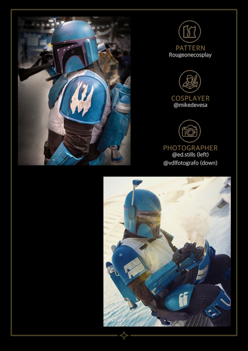 May include: A blue and white Mandalorian-style armored costume featuring a helmet with a T-shaped visor, shoulder pauldrons with white insignia, a jetpack, and gauntlets. Text includes PATTERN Rougeonecosplay, COSLAYER @mikedevesa, and PHOTOGRAPHER @ed.stills @vdlfotografo.