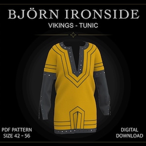 Könnte beinhalten: Eine gelbe Tunika mit langen dunkelgrauen Ärmeln und dunkelgrauen Verzierungen, einem V-Ausschnitt und geometrischen Mustern. Der Text lautet BJÖRN IRONSIDE VIKINGS - TUNIC, PDF PATTERN, SIZE 42 - 56 und DIGITAL DOWNLOAD. Das Kleidungsstück ist strukturiert.