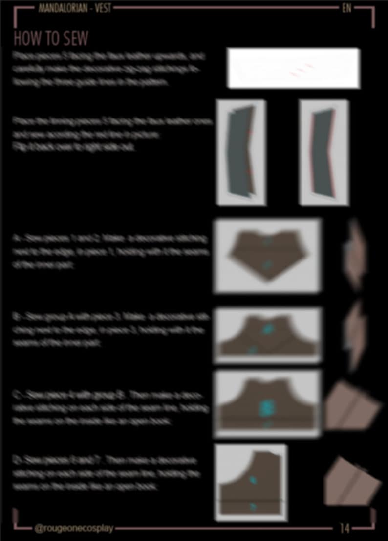 May include: A how-to guide for sewing a vest, with illustrations showing the steps involved. The guide includes text describing each step, such as "Sew the front panels together, right sides facing, leaving the bottom open." and "Sew the shoulder panels to the front panels, right sides facing, leaving the neck open."