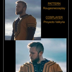 May include: A person wearing a brown and black tunic with a gold trim and silver accents. The text "@rougeonecosplay" and "PATTERN Rougeonecosplay COSPLAYER Proyecto Valkyria" is visible in the image.