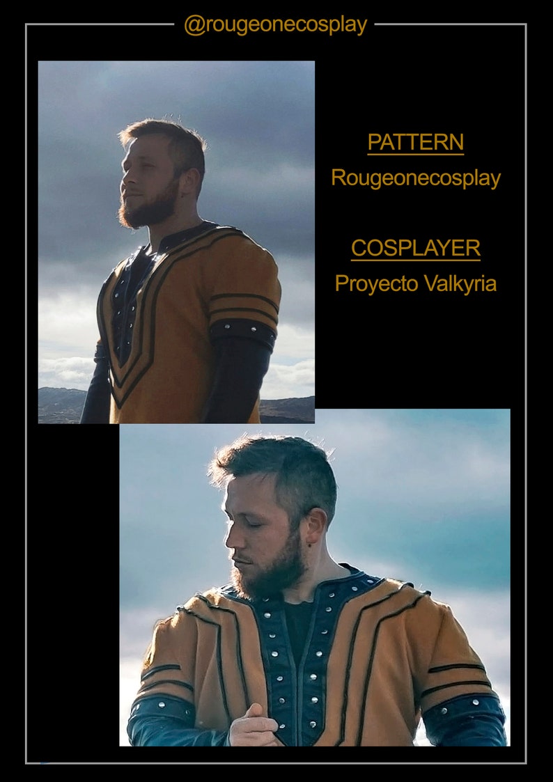May include: A person wearing a brown and black tunic with a gold trim and silver accents. The text "@rougeonecosplay" and "PATTERN Rougeonecosplay COSPLAYER Proyecto Valkyria" is visible in the image.