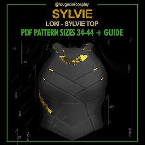 Könnte beinhalten: Ein schwarzes Oberteil mit goldfarbenem Muster und geometrischem Design. Das Oberteil ist für ein Cosplay-Kostüm und trägt die Aufschrift "Sylvie" und "Loki - Sylvie Top". Der Text "PDF Pattern Sizes 34-44 + Guide" ist ebenfalls enthalten.