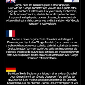 May include: A screenshot of a website with text in English, French, and German explaining how to use the Google Translate app to translate instructions for sewing projects. The Google Translate logo is in the upper right corner of the image.