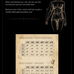 May include: A black size chart graphic featuring a sketch of a human figure with numbered measurement points. It includes text instructions and two tables displaying measurements in centimeters and inches for sizes 34 through 44, labeled 1 through 4.