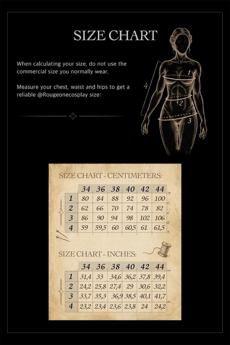 May include: A black size chart graphic featuring a sketch of a human figure with numbered measurement points. It includes text instructions and two tables displaying measurements in centimeters and inches for sizes 34 through 44, labeled 1 through 4.