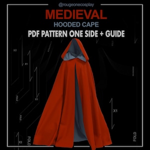 May include: A red medieval hooded cape with a grey interior and hood, set against a black backdrop. The image includes the text "MEDIEVAL HOODED CAPE PDF PATTERN ONE SIDE + GUIDE". Ideal for cosplay or historical costume enthusiasts.