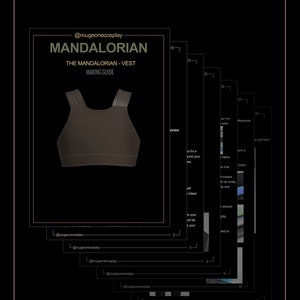 May include: A step-by-step guide for making a Mandalorian vest, featuring a black vest with gray straps and the text "@rougeonecosplay Mandalorian The Mandalorian - Vest Making Guide" at the top.